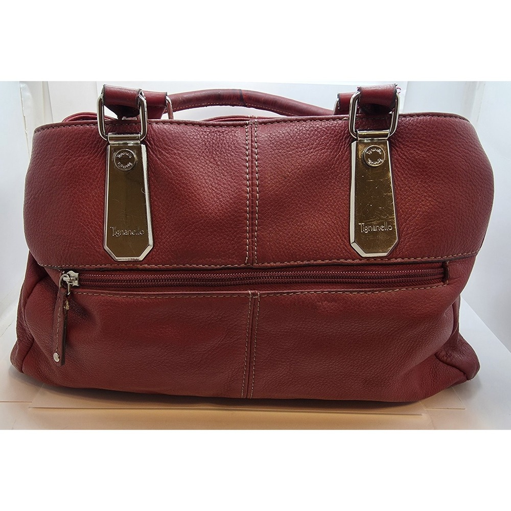 Tignanello Red Pebbled Leather Shoulder Bag Multi Compartment Silver Hardware